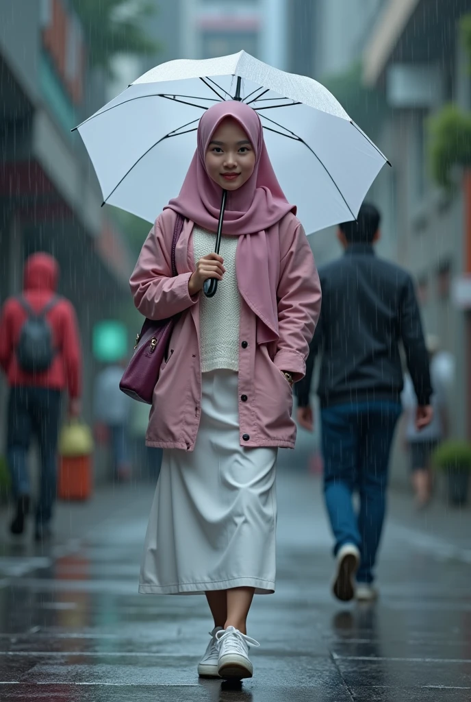 A pretty young girl in outgrown cuteness, playfully enjoying the rain, [gadis muda cantik, sedang bermain air hujan]. Her outfit features a Muslim attire adorned with Pokemon motifs, [busana muslim bermotif pokemon, hijab trendi memiliki telinga pokemon]. The rain-soaked asphalt road leads to a quaint and worn-down village, [di jalan aspal yang basah oleh air hujan, pedesaan kumuh dan hancur]. An atmosphere of fear and apprehension hangs in the air, [suasana ketakut