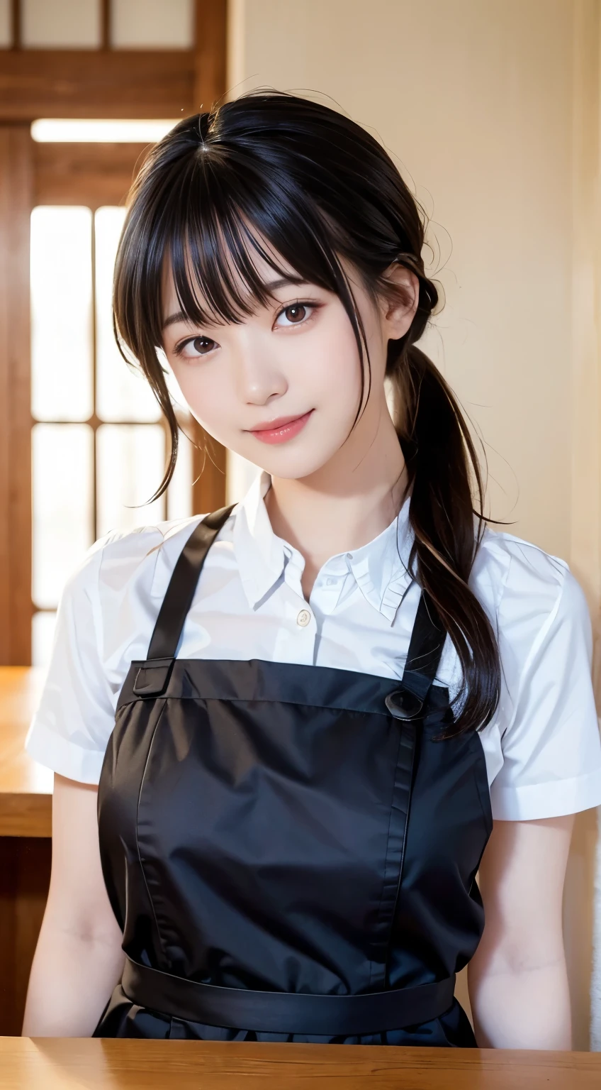 (Highest quality,masterpiece:1.3,Ultra-high resolution,),(Very detailed,Caustics),(Realistic:1.4,RAW shooting,)Ultra-Realistic Capture,Very detailed,High resolution 16K human skin closeup。 Natural skin texture、,pores、、、、It must be detailed enough to be easily identifiable。 Skin tone is even and healthy looking。 Use natural light and colour,restaurant,Waitress Uniform,1 girl,Japanese,18-year-old,cute,Black-haired,ponytail,Big Breasts,smile,Turn your body forward,(Front view:1.1),Looking into the camera,Cowboy Shot,