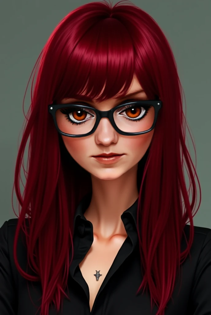 Angry sexy woman square glasses eyes with burgundy straight animated hair 