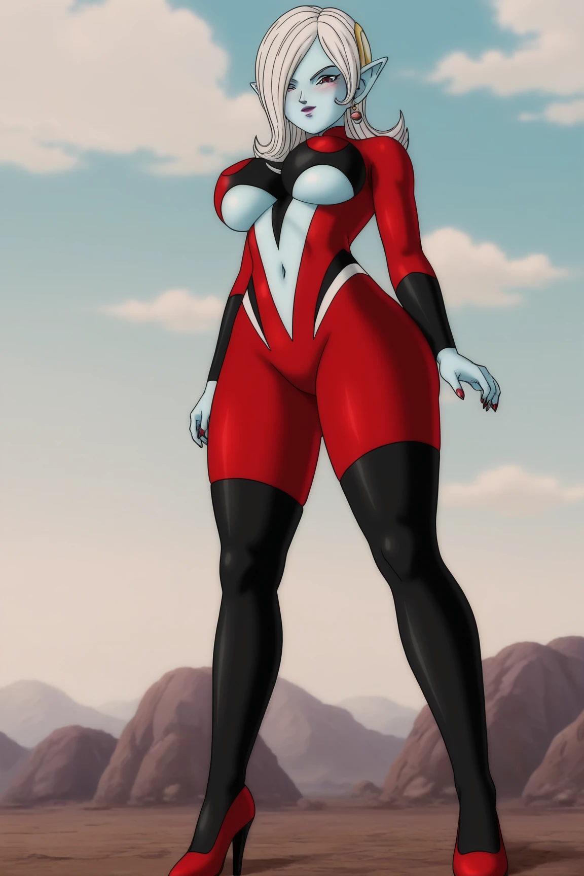 Tall, (thin), Red Skin Twi'lek with (large breasts) wearing black tunic and leggings, choker, socks, large breasts, cleavage, tall, graceful, (tall), slim hips, small waist, full-body shot