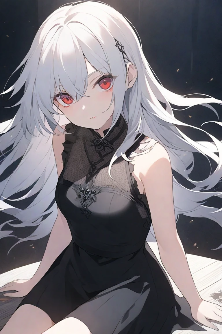 1 teen character。gray hair color、Glowing red eyes、Long Hair、There is a mole under the left eye、Sad expression、A dress with a large open chest、Without background、Depict people only.