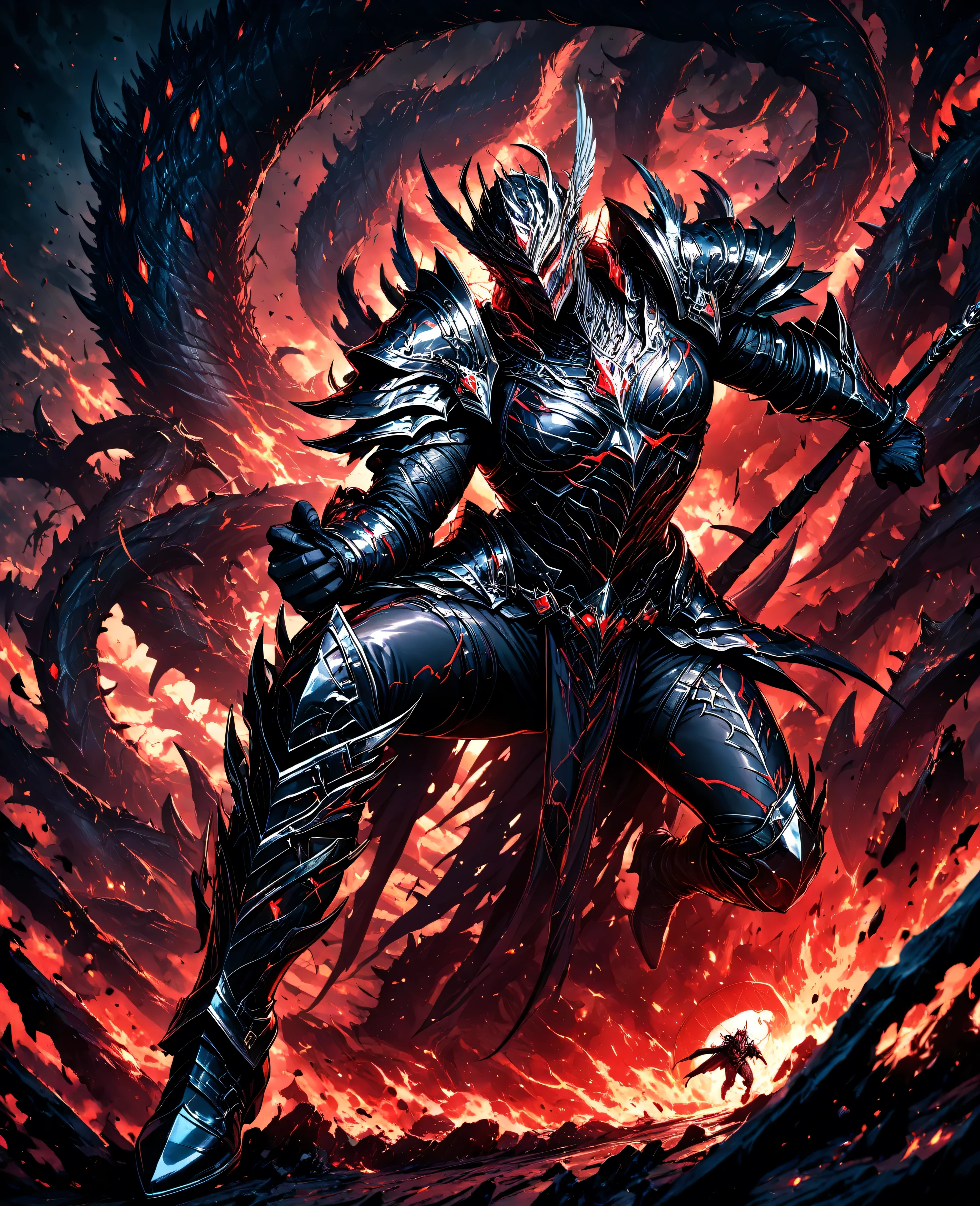 masterpiece, best quality, scary monster chasing humansA highly detailed line art illustration of a powerful and majestic fallen angel being dragged into the depths of hell by monstrous demons. The angel has intricate armor,
