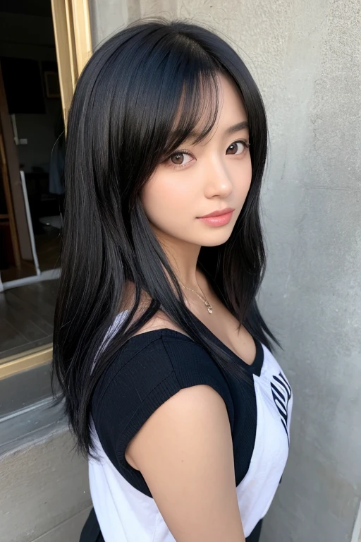 (High resolution CG Unity 8K wallpaper)、(masterpiece)、(Highest quality)、(Super detailed)、(Best illustrations)、Female 1 person、(Kyoko Otonashi: 1.4)、(Long black hair with bangs falling over the forehead: 1.4)、(: 1.2)、(Cool V-neck dress: 1.4)、((shoppi2))、(In front of an old wooden apartment building: 1.2))、Puffy eyes、Close-Upper Body: 1.4)