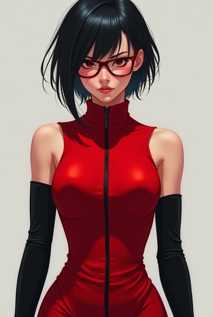 (Sarada Uchiha,short hair,black hair,glasses),full body picture Unreal Engine 5 8K UHD of beautiful girl, green Japanese style long hair, ((wearing futuristic black tight battle suit)), half face mask, (futuristic neck collar), grass green light details, best quality, masterpiece