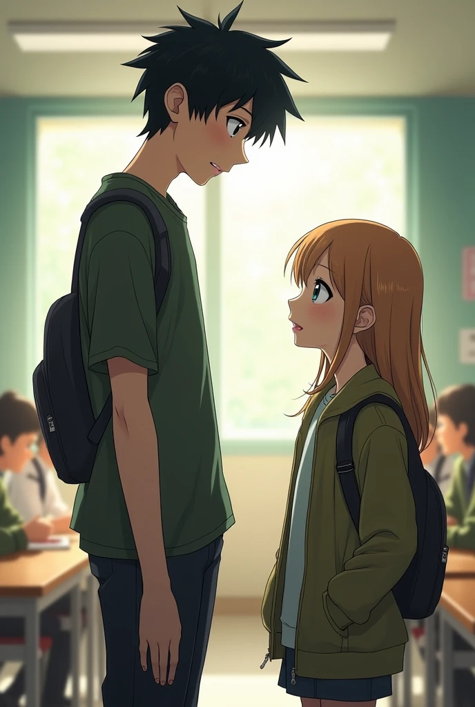 make high school boy and girl back to back, the boy holding a wafer richeese, the girl holding a book. The biy's face looked a little blushed while the girl just looked down without expression