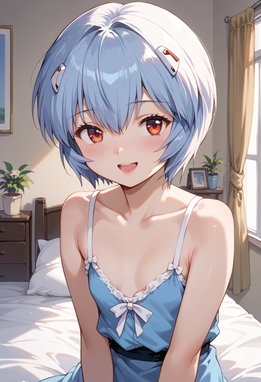 (masterpiece:1.3), (best quality:1.3), high resolution,
from above, couboy shot,
head tilt, sitting, on bed,
(one cute girl:1.3), solo,
white skin, small Breast, eight-headed person,
light blue hair, (bobbed hair:1.2), short hair, (blunt bangs:1.2), beautiful hair, blue eyes, beautiful detailed eyes,
(tongue out:1.3), heart,
pyjamas, earrings,
outdoors, white room, bed,
shadowlighting,