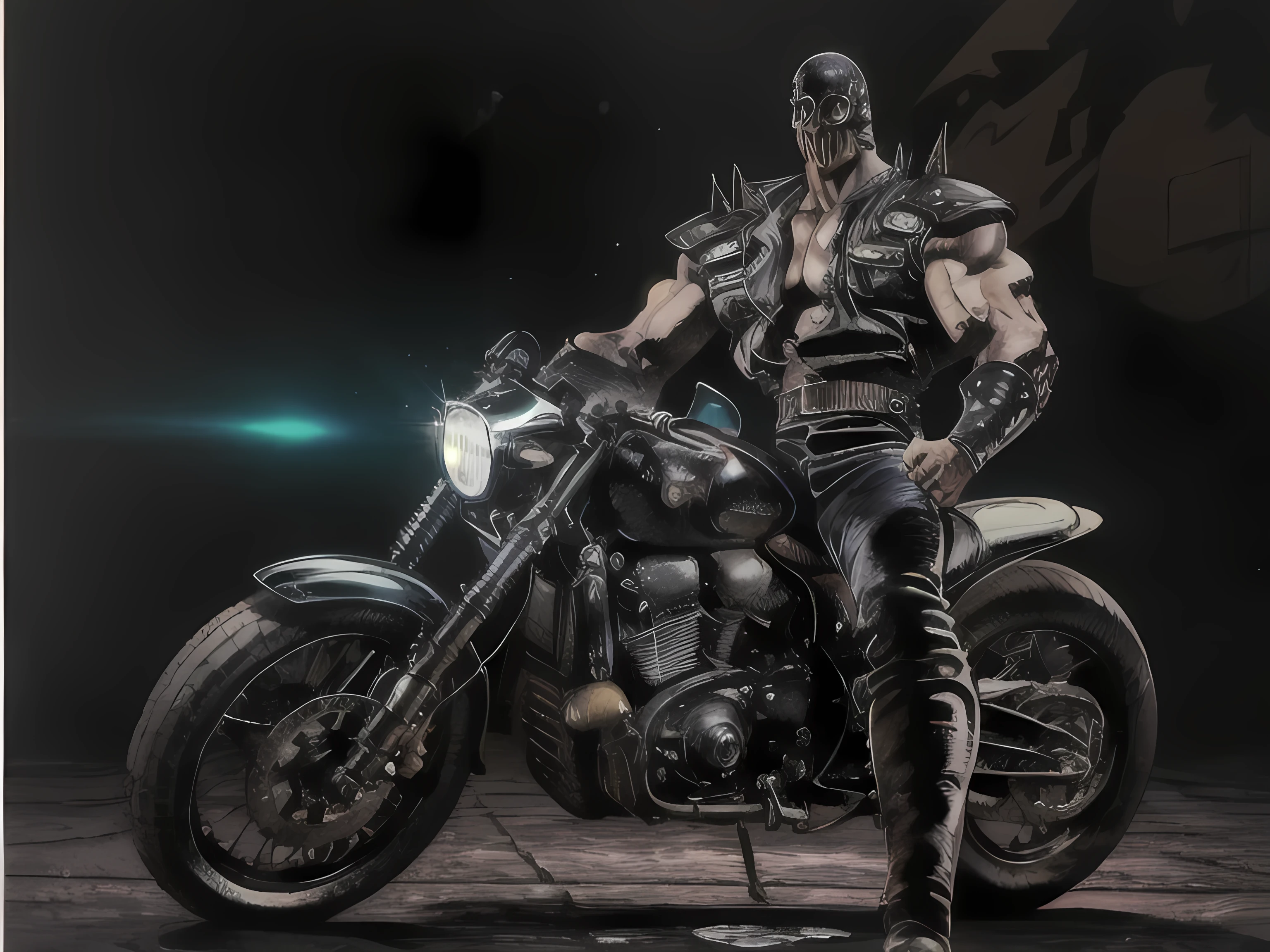 1 male、Jagi from Fist of the North Star(1.5)、mask、 smile fearlessly、Pose on a buggy bike、Eyes Shining、 black eyes、wilderness、Hold up the gun and shoot up、cool pose、high quality movie poster、4K、8k、high definition、masterpiece、Extremely Detailed 、real、photo-like texture、HDR、studio lighting、extreme detailed expression、professional、vivid colors、Bokeh Figure、action、fantasy、SF、realistic、illustration
