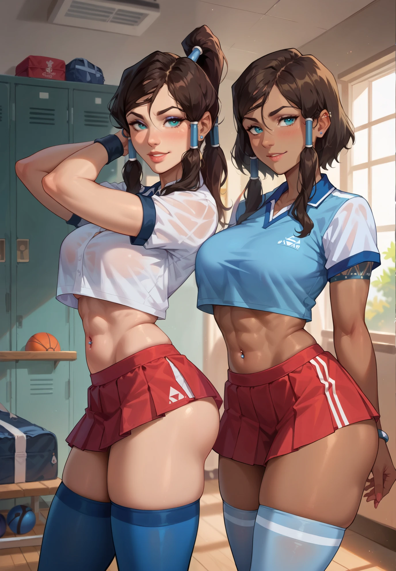 2 girls, sexy display, (girl1 is Korra, schoolgirl cosplay, blue stockings), (girl2 is Katara, school gym outfit, white stockings), seductive atmosphere, seduction, piercings, bracelets, BREAK, storage room, dusk, evening, cinematic lighting,