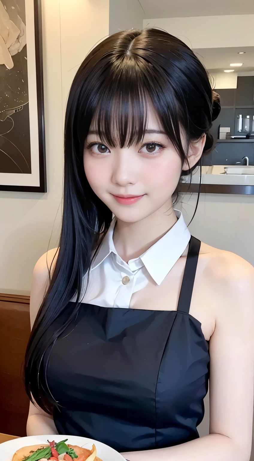 (highest quality,masterpiece:1.3,Ultra-high resolution,),(Very detailed,Caustics),(Photorealistic:1.4,RAW shooting,)Ultra-Realistic Capture,Very detailed,High resolution 16K human skin closeup。 Natural skin texture、,Pores、、、、It must be detailed enough to be easily identifiable。 Skin tone is even and healthy looking。 Use natural light and color,restaurant,Waitress Uniform,1 girl,Japanese,18-year-old,cute,Black-haired,ponytail,Big Breasts,smile,Turn your body forward,(Front view:1.1),Looking at the camera,Cowboy Shot,