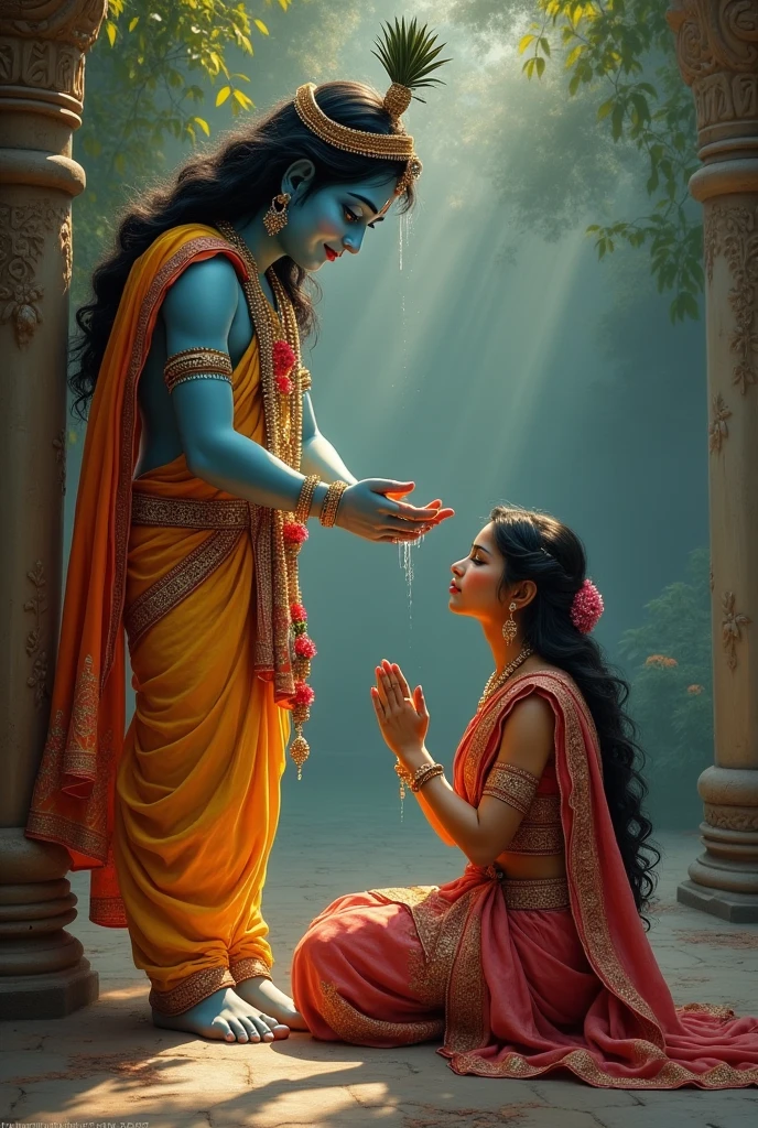 Sri krishanan blessing a kerala girl, background forest watter fall and flowers