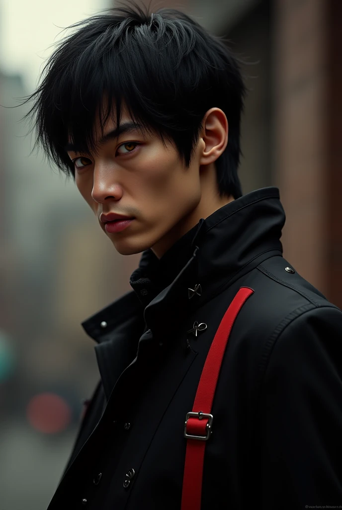 Close up of a man with black hair, red leather jacket looking to the side, city at night, movie blue lights, chiaroscuro, 8K, original, HD, stunning masterpiece, threatening smile, cute character and cute, thin, muscular man, textured skin, glowing , Asian idol, Choi Seo kun, Jimin Greek nose, Sung Yanjun, male Urzan, glowing red eyes, Kim Tae Joon.