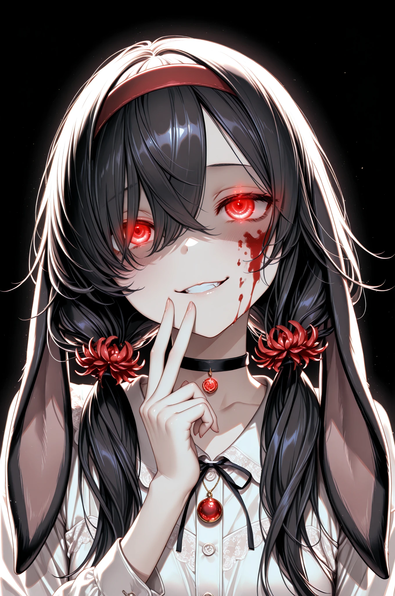 (masterpiece:1.2, Highest quality), (Actual Photos, Intricate details), (1 female, alone, Upper Body, Small breasts) ，Scary atmosphere、Distorted facial expressions、Horror Art、Rain of blood、Bleeding、Blood splatter、Cuts on the face、burns on the face、whole body、Chinese clothing、Long Hair、Long bangs、Bun twin tail、Black Hair、（（（Dark circles under the eyes）））、Pale skin、Feeling unwell、Pathological、Wicked Smile、Crazy Eyes、（Grin）Dramatic makeup，Create mixed media art、White Background