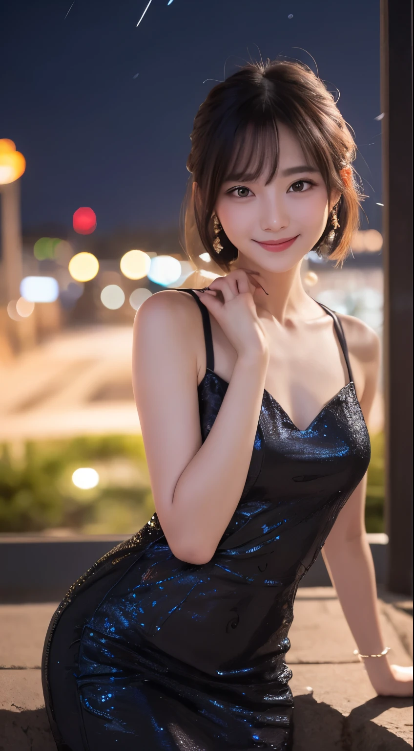 Glittering night view、Chic black dress、Provocative smile、Beautiful Japan actress、sakimichan
