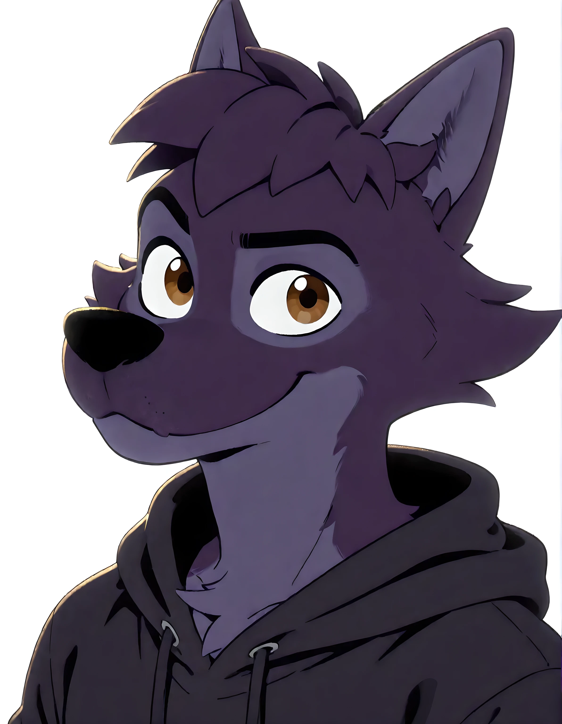 Lupin, dark purple fur, brown eyes, wolf, anthro, male, solo, half body, smile, high quality, white background, simple background, looking at viewer, black hoodie, flat color