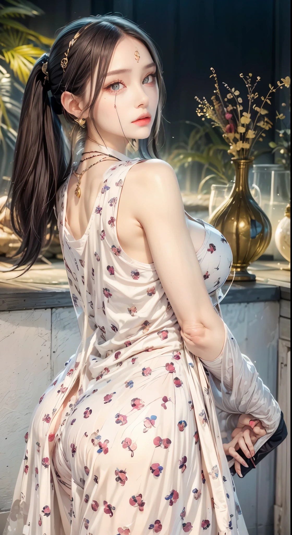 The art depicts a charming woman dressed in a flowing, silky traditional oriental dress decorated with intricate patterns and bright colors. Her dress drapes elegantly over her curvy figure, accentuating her seductive silhouette. She stood gracefully in the quiet moonlit night, bathed in the soft glow of the moonlight. The scene exudes an ethereal and dreamy atmosphere, with a touch of mystery and sexiness. The graphic style blends watercolor and digital illustration techniques to evoke a refined beauty and charm. The lights are filled with soft moonlight, casting soft highlights and shadows on her charming features. Bare thighs