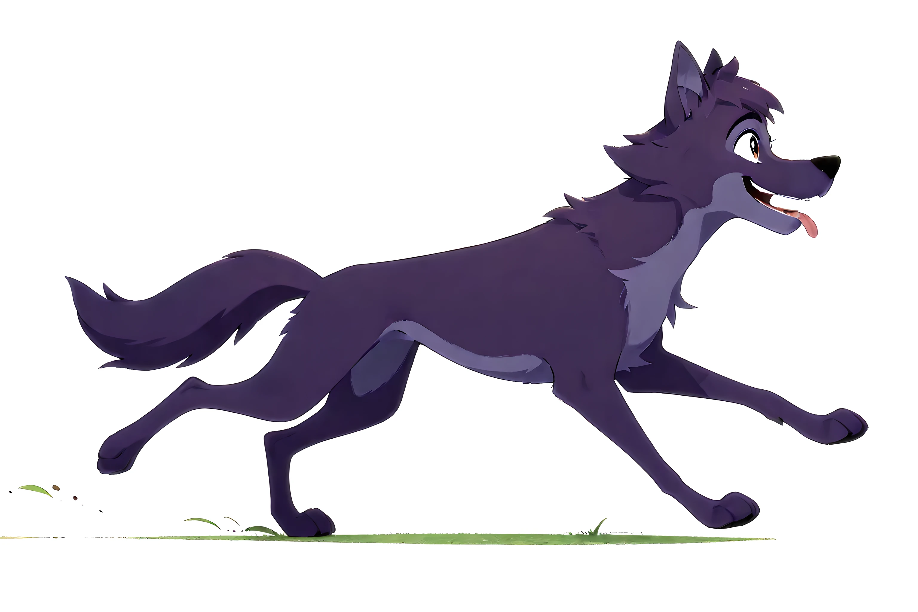 Lupin, dark purple fur, brown eyes, wolf, feral, male, solo, full body, smile, high quality, white background, simple background, side view, running, open mouth, tongue out,