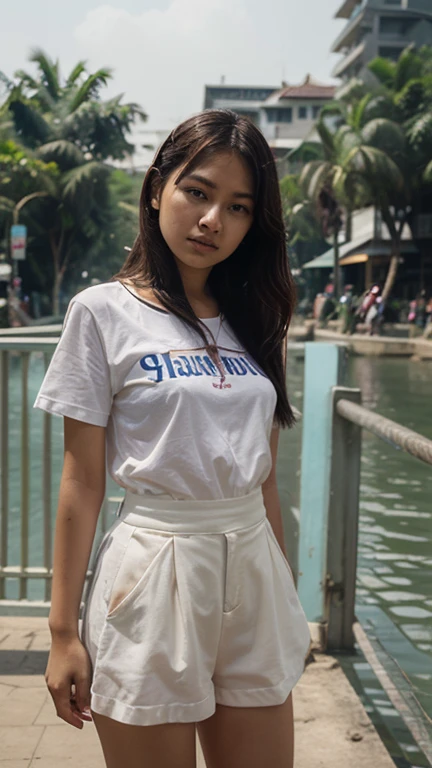 a beautiful Indonesian woman with clean white skin wearing a t-shirt is outdoors in bright shades