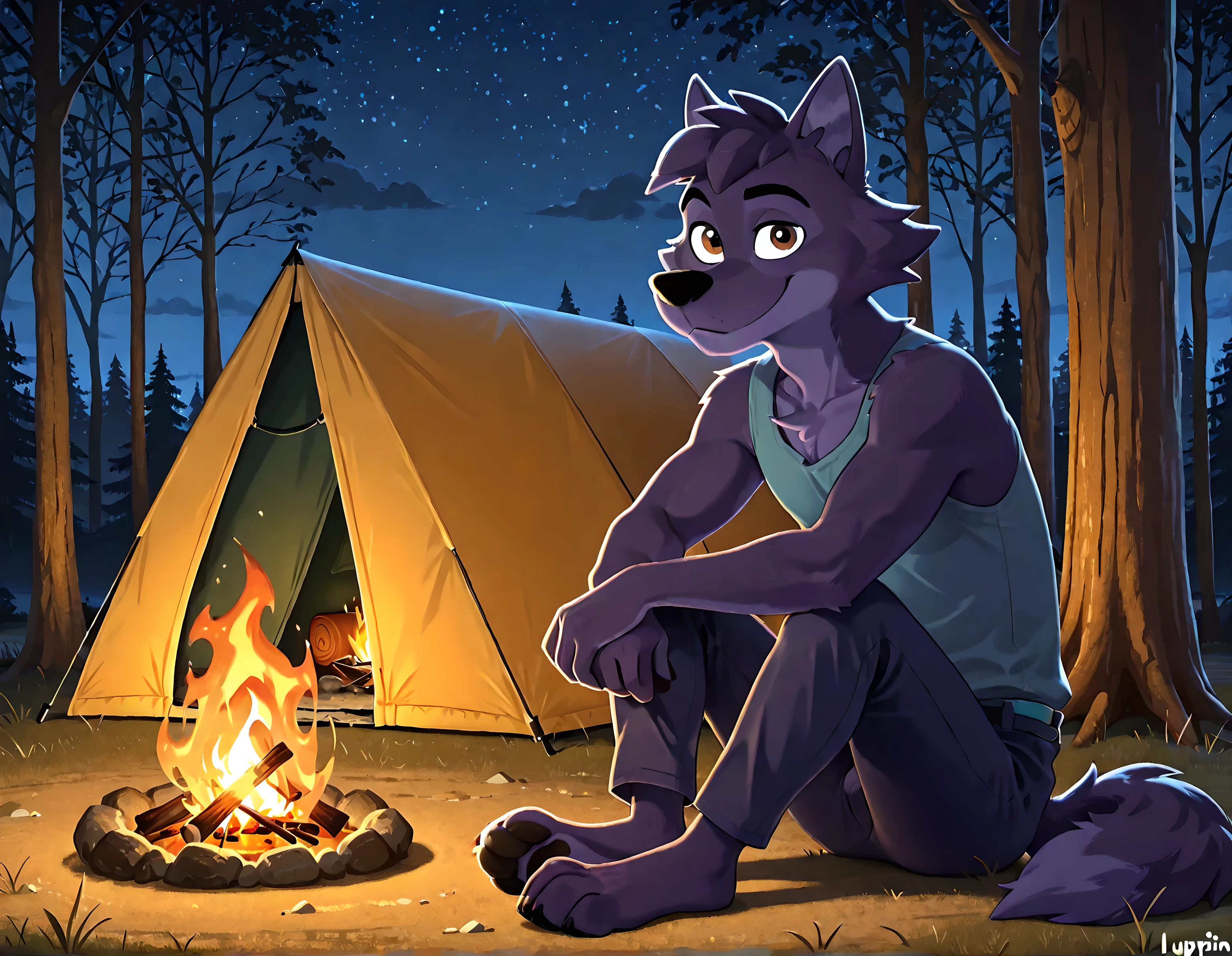 Lupin, dark purple fur, brown eyes, wolf, anthro, male, solo, half body, smile, high quality, night, forest, camping, tent, campfire, looking at viewer, sitting, pants