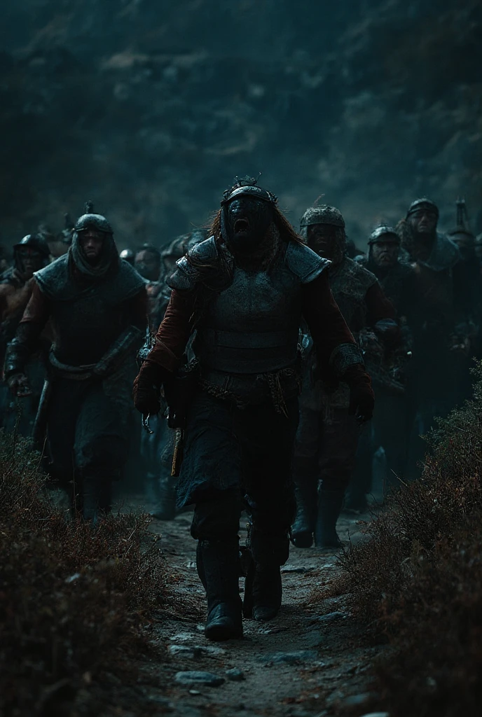 A .large group of strong super muscular wide shoulders ugly bulky women, wearing historical cloth medieval cloth armor and trousers with boots, and some iron helmets, (holding weapons), as they walk angry towards viewer, rocky mountainous biome, night time, night sky,  dark colors. partially covered in shadow, shadows