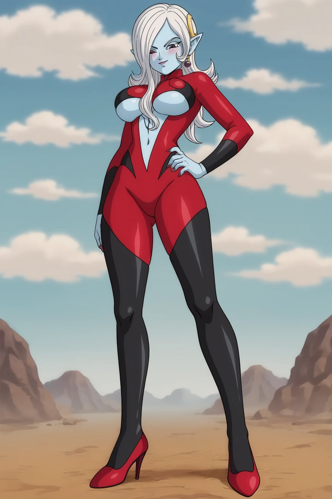<lora:OGT_Towa-v1:0.8> (extremely detailed CG unity 4k wallpaper),(masterpiece),(ultra quality),(ultra-detailed),(best illustration),(best shadow),(absurdres),(detailed background), Towa, 1girl, solo, pointy ears, colored skin, breasts, blue skin, long hair, bodysuit, large breasts, white hair, earrings, jewelry, underboob, grey eyes, standing