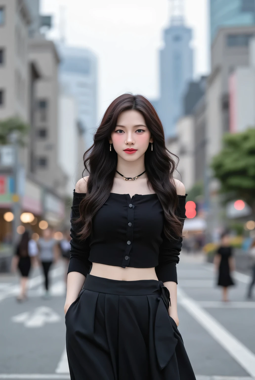 a beautiful woman, standing in the middle of the city , front facing, use a casual blouse in black, long skirt to black legs, big , red lips, black hair