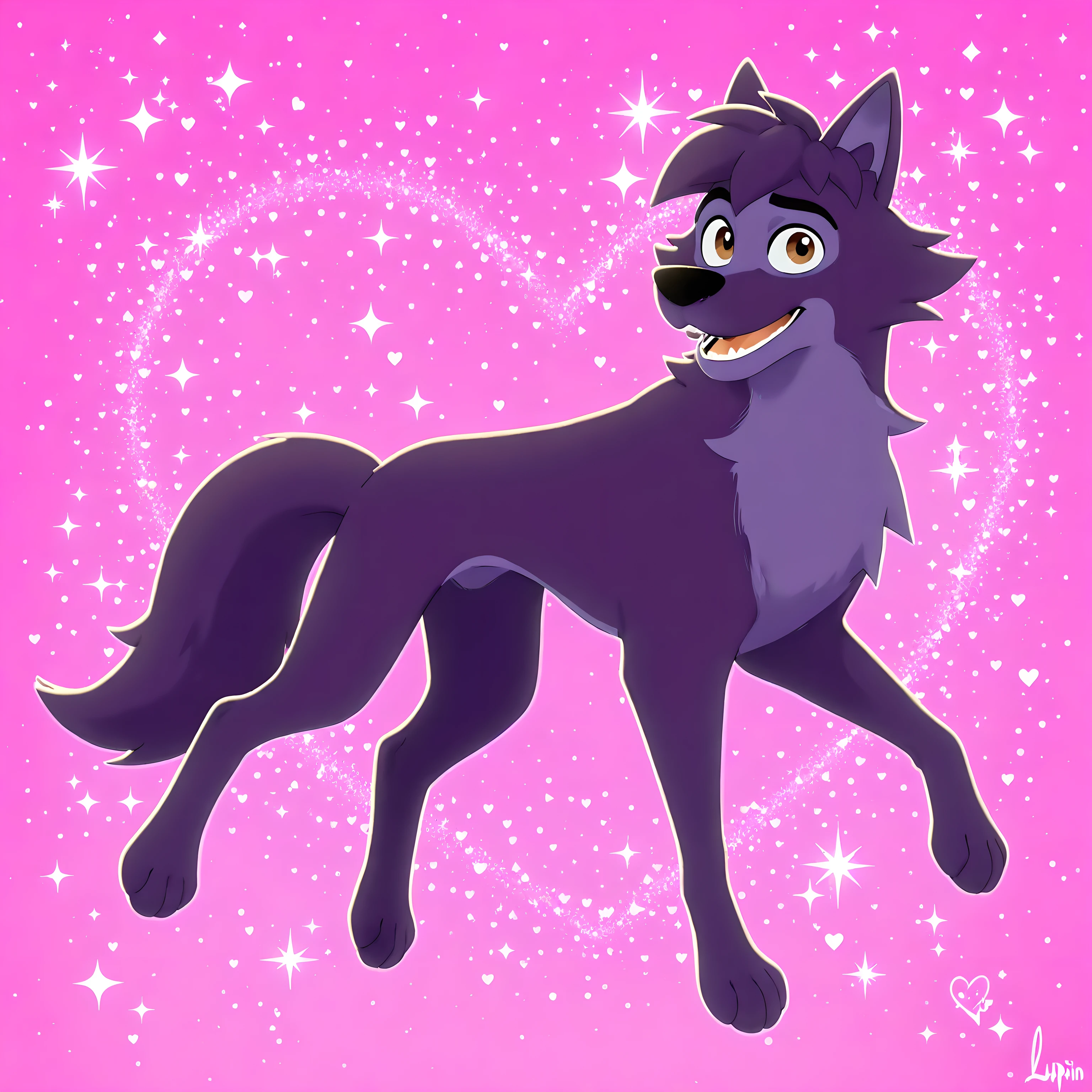 Lupin, dark purple fur, brown eyes, wolf, feral, male, solo, full body, high quality, pink background, looking at viewer, open mouth, floating, hearts, sparkles, cute, floating,