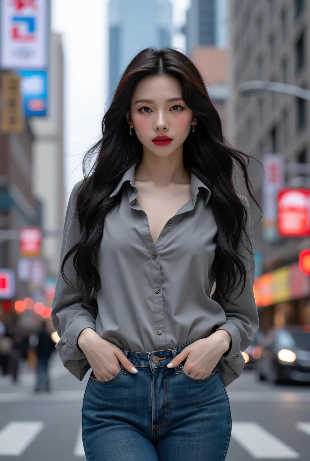 a beautiful woman, standing in the middle of the city , front facing, use an ash casual shirt, long denim pants, big , red lips, black hair