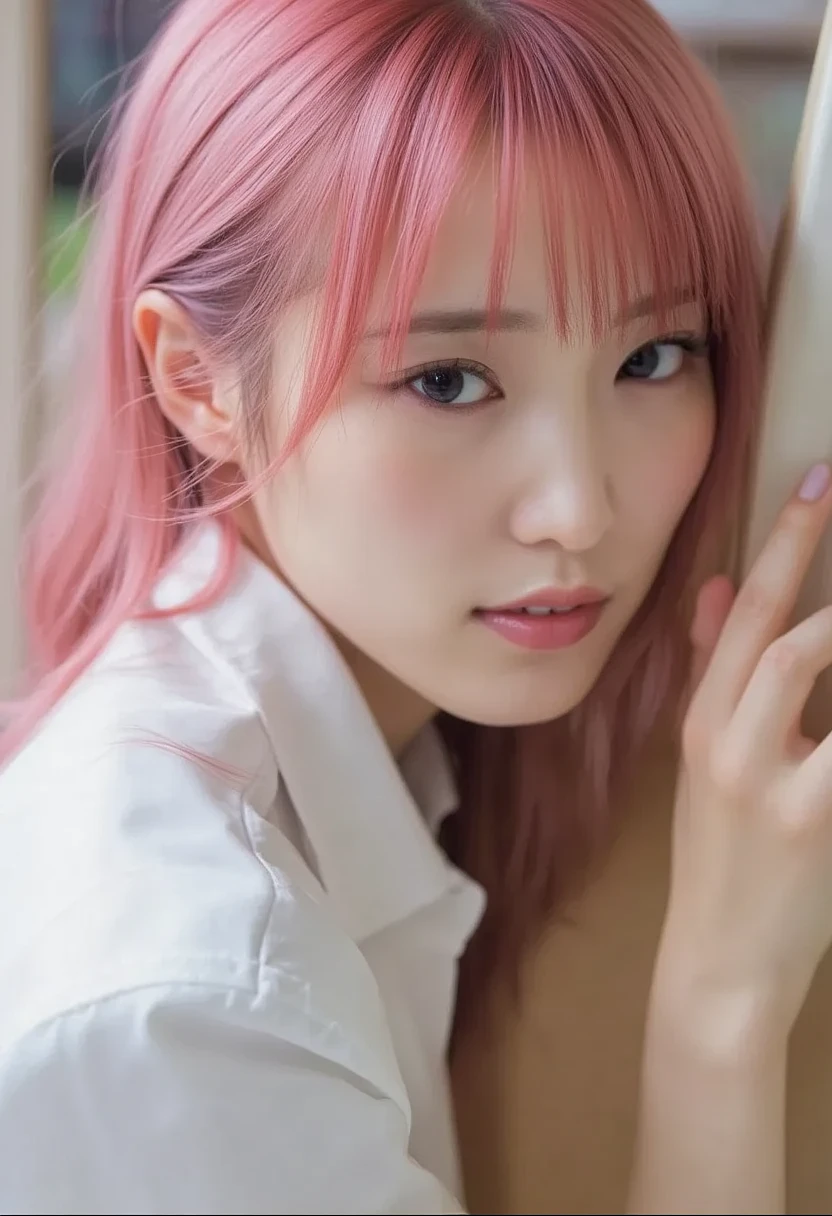 "(Top Quality, Masterpiece, Natural Light: 1.0), (Side View: 0.0), (Cowboy Shot: 0.0), (upper body: 1.8), (Close-up: 1.8), Portrait, Cinematic Lighting, Glow, Ray tracing, reflected light, f135mm, UHD, accurate, skin texture, super detail, great detail, high quality, highest quality, 8k, (surrealism: 1.2), BREAK, (Japanese: 1.3), (22 years old: 1.0), (Small breasts: 1.6), (Long, large, slit eyes: 1.8), (Realistic eyes: 1.8), (Height at 165cm: 1.2) , (Transparent white skin: 1.2), (Short curly bright pink hair with bangs: 1.3), (Deep eyeshadow makeup: 1.4), BREAK, (Correct hand: 1.6), (Correct fingertips: 1.6), Sexy pose, (Place hand near cheek: 1.8), BREAK, (Big white headphones: 1.4), (Wearing an orange and white printed strapless dress: 1.3), BREAK, A futuristic interior with a large white-framed window on the first floor facing the front in the background, blue sky, noon, outside light,chinatsumura,Bomi,Sara,girl,Sexy Pose,1 girl ,milf,solo,beauty"