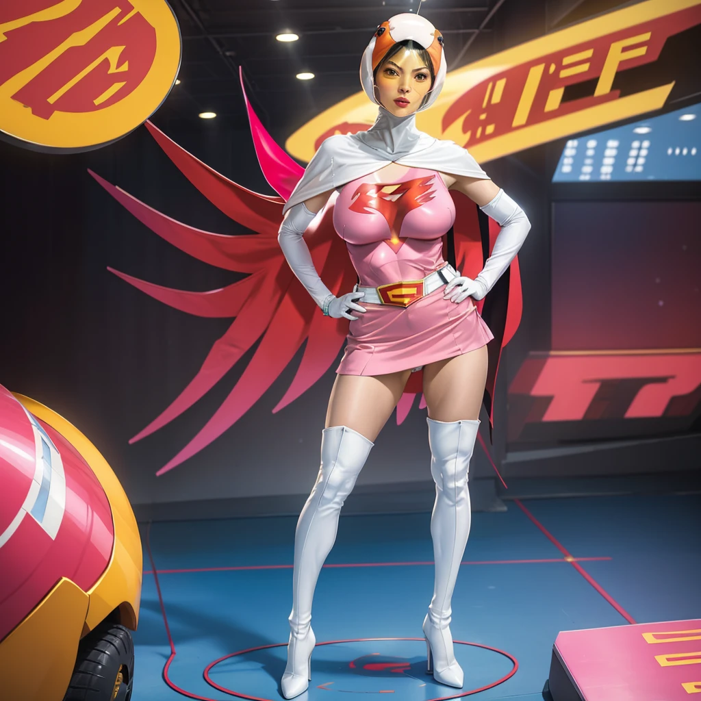 ANI_CLASSIC_jun_gatchaman_ownwaifu,1girl, 15yo,good anatomy, masterpiece, best quality,realistic, hyper realistic, 16k hdr, long hair,breasts,lips,large breasts,lipstick,makeup,gloves,cape,helmet,belt,elbow gloves,white gloves,mask,ultra miniskirt,leotard,spacesuit,white tight overknee highheels boots,pink dress,superhero,bodysuit,cleavage,erected nipples,(stand pose,hands on hip),(spread legs:1.1),cameltoe