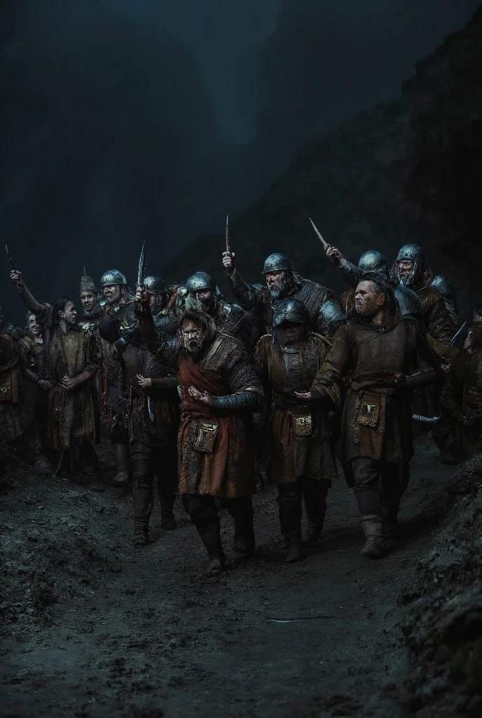 A .large group of strong super muscular wide shoulders ugly bulky women, wearing historical cloth medieval cloth armor and trousers with boots, and some iron helmets, (holding weapons), as they walk angry towards viewer, rocky mountainous biome, night time, night sky,  dark colors. partially covered in shadow, shadows
