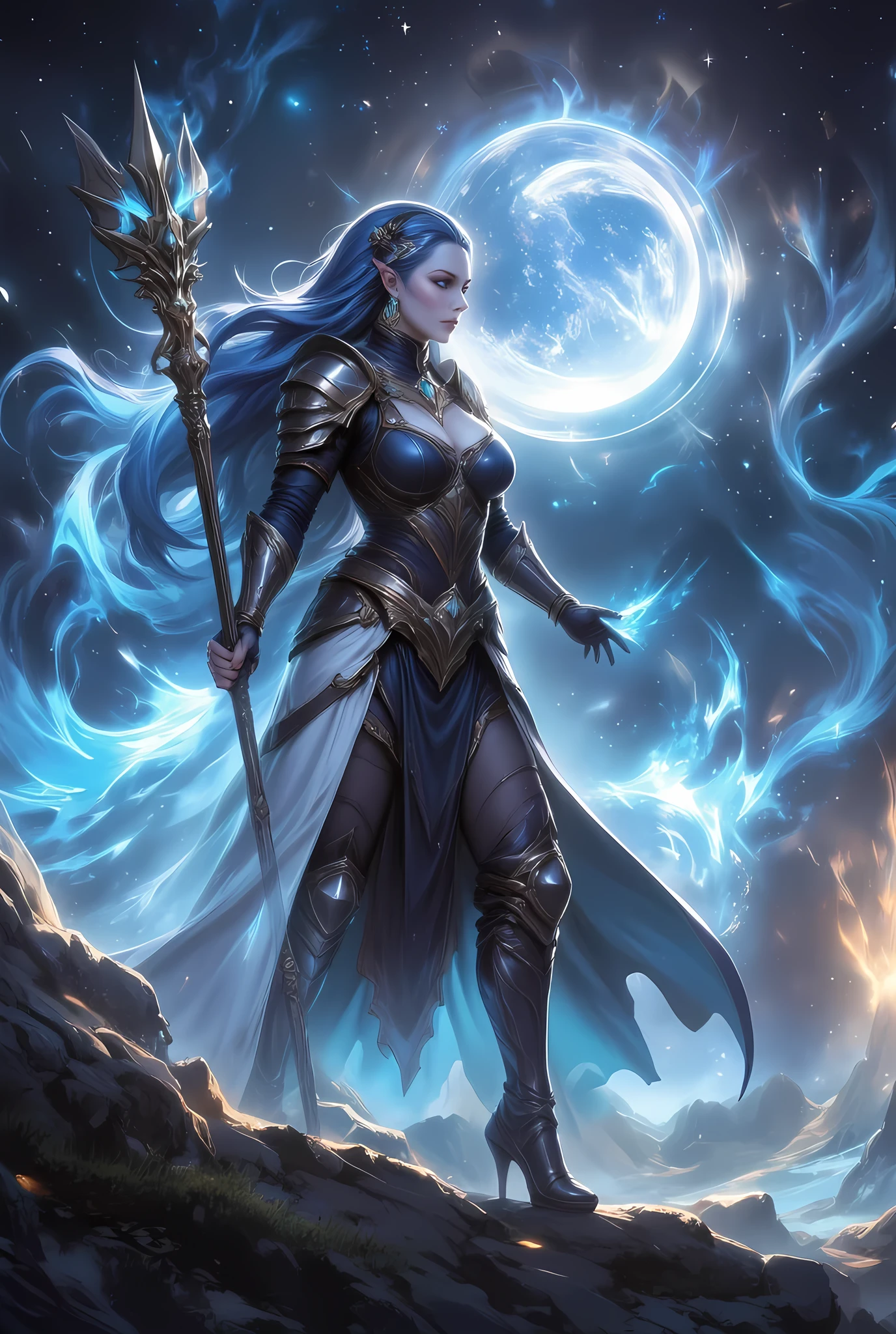female human druid of the stars, guardian of nature, controlling magical energy made of stars, swirling blue stary magical light, divine symbols high details, dynamic angle, human female, extremally beautiful, ultra feminine, dynamic hair, dynamic hair color, wearing leather armor , holding a staff, moon light, stars, dynamic natural background, RPG art, magical atmosphere magic-fantasy-forest, dnd art, rpg art ultra best realistic, best details, best quality, 16k, masterpiece, best quality, (extremely detailed), photorealism, depth of field, hyper realistic painting, ultra wide shot, , realistic art , invert color, Celestial Fantasy