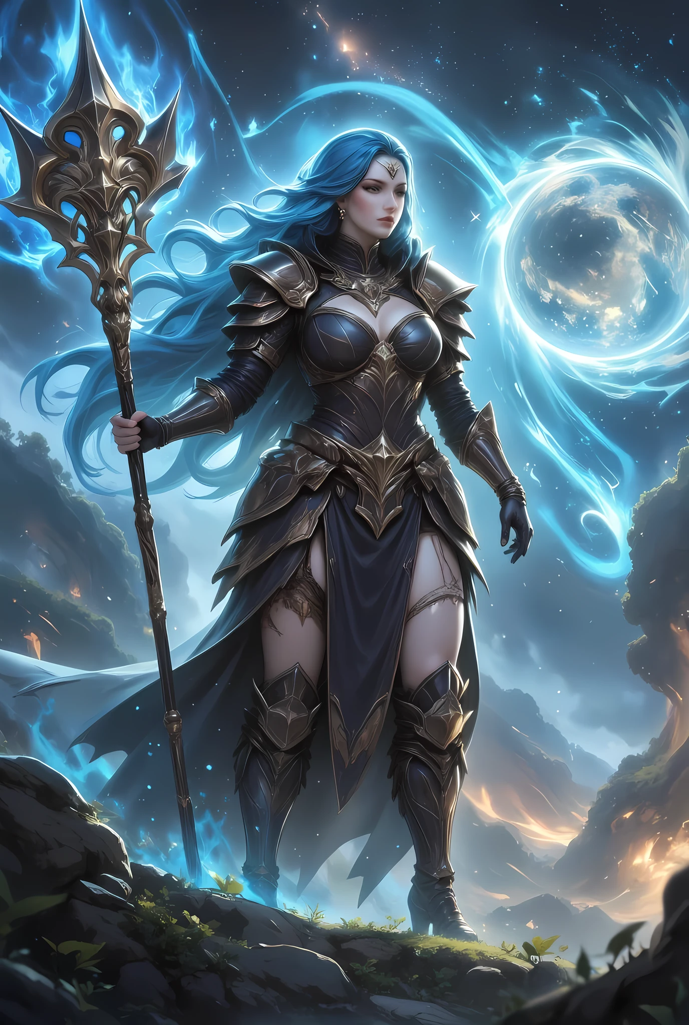 female human druid of the stars, guardian of nature, controlling magical energy made of stars, swirling blue stary magical light, divine symbols high details, dynamic angle, human female, extremally beautiful, ultra feminine, dynamic hair, dynamic hair color, wearing leather armor , holding a staff, moon light, stars, dynamic natural background, RPG art, magical atmosphere magic-fantasy-forest, dnd art, rpg art ultra best realistic, best details, best quality, 16k, masterpiece, best quality, (extremely detailed), photorealism, depth of field, hyper realistic painting, ultra wide shot, , realistic art , invert color, Celestial Fantasy