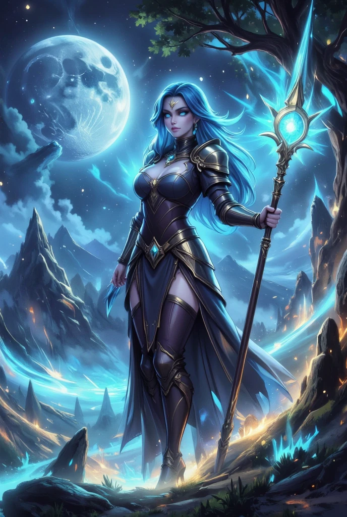 arte de fantasia, arte steampunk, Arte de RPG, fotografia, .RAW, , Melhor Detalhado, Imagem de uma mulher bruxa, Manipulating the Magic Blue Fire, mulher extremamente bonita (Melhor Detalhado, master part, hiper-realista: 1.5) cabelos loiros, cabelos ricos, cabelos ondulados, dynamic eye color, vestindo vestido preto e branco, wearing pantyhose, usando botas de salto alto, lace-up boots, compor, fundo steampunk, ultra melhor realista, melhores detalhes, best quality, 16k, [ultra detalhado], master part, best quality, (extremamente detalhado), tiro ultra largo, fotorrealismo, profundidade de campo, pintura hiper realista, Runas brilhantes_Purple, fogo azul