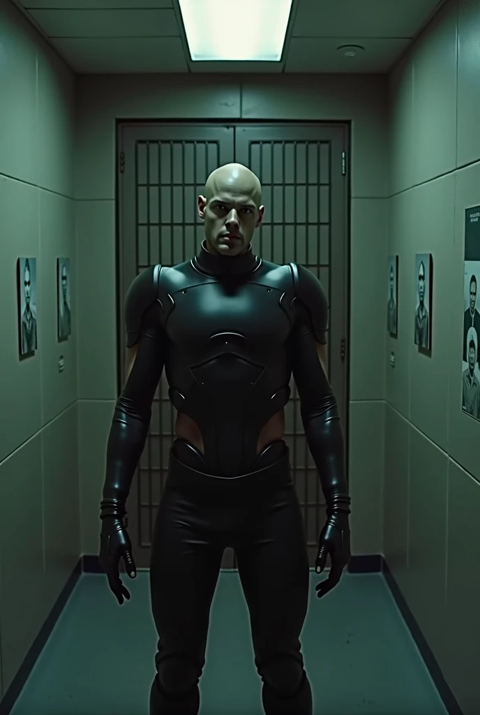 arafed man standing in a jail cell with a birdcaged door, the answer, music video, still from the movie saw, still from the cyborg movie, ainda de um music video, still from alita, alterd carbon, still from the cyborg movie asteca, leather clothing under armor, dark spot :: Athletic, movie still of an alien cyborg, birdcage