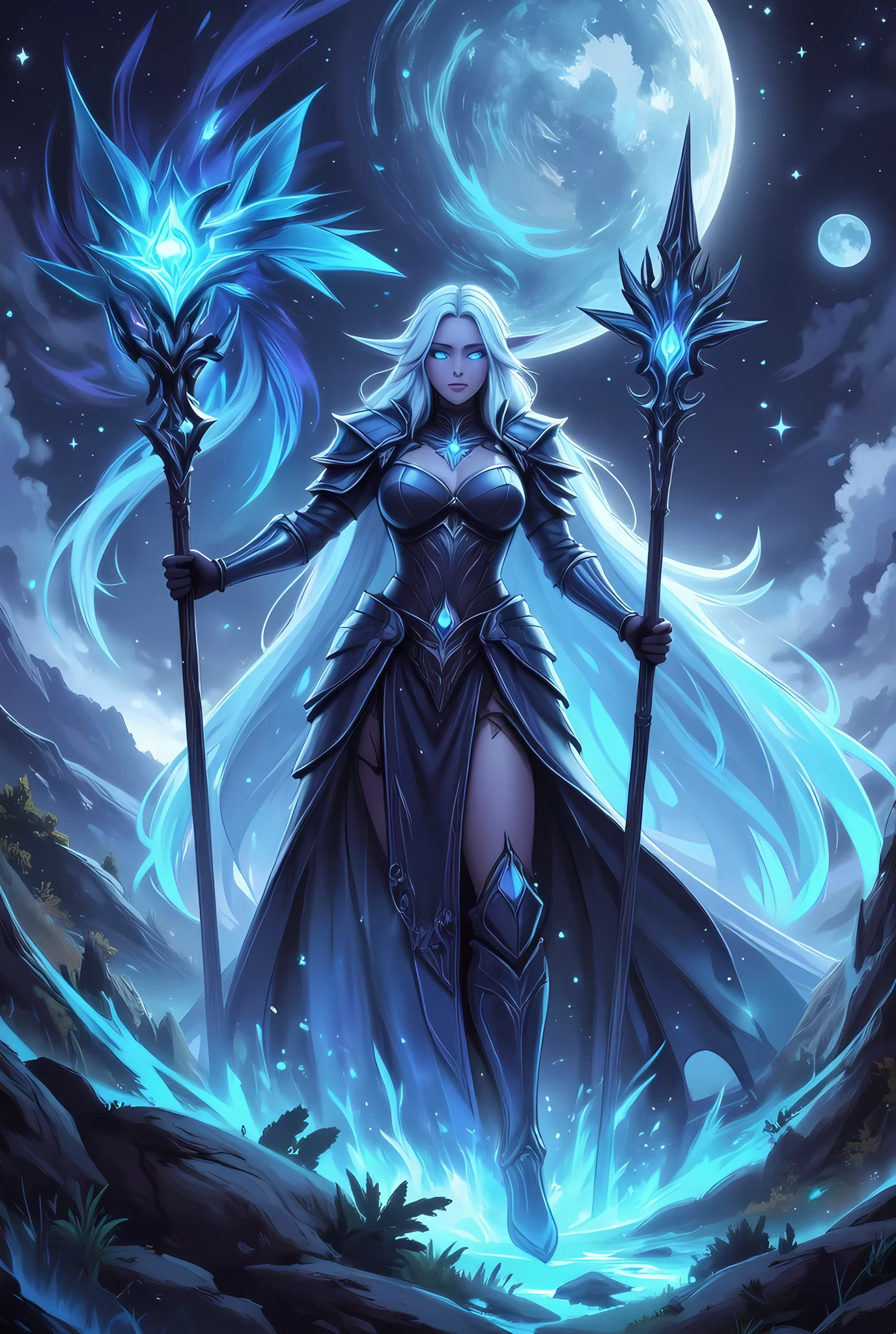 award winning studio photo of beautiful powefull female god, epic pose, white hair,  (close up:1.2), (ultra detailed:1.4), lots details,  hdr, (luxary holographic dress:1.4), (cloak:1.2), (complex patterns:1.2),  (ancient caligraphy:1.2), makeup, headdress, decorations, detailed face, nature skin texture,  bright colors, (saturated:1.2), vibrant colors, night, dark, moon light, nimb, (skin texture:0.7), fire