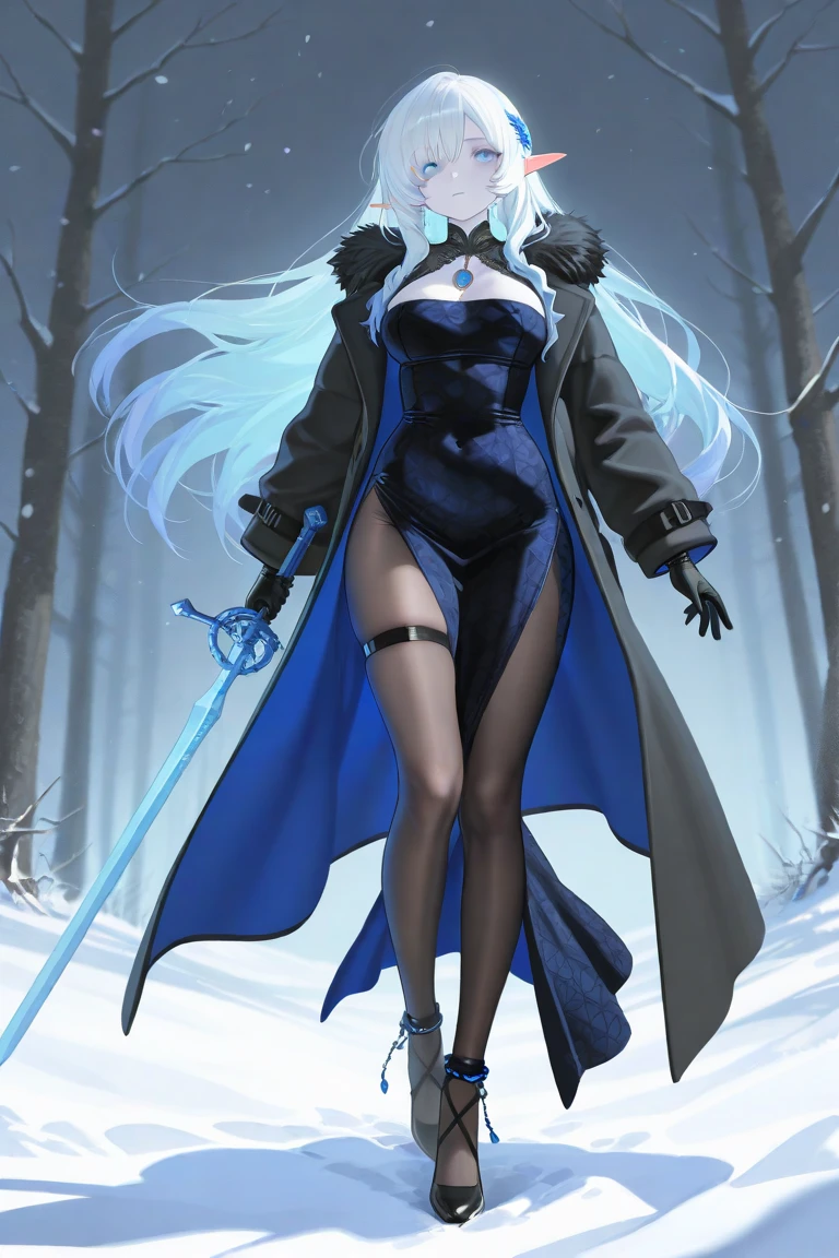 masterpiece, 4K, best quality, magnolia arch, hair flower, blue dress, black gloves, thigh boots, walking, whole body, nighttime, night sky, blue butterflies, dark forest <lora:magnolia-nvwls-v4-000009:1>