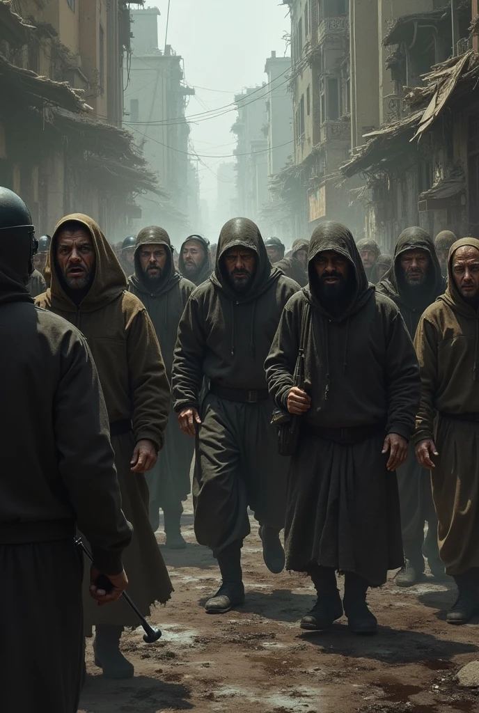 Hungry peasants standing in long bread lines, shadows of desperation, high resolution, cinematic focus.
