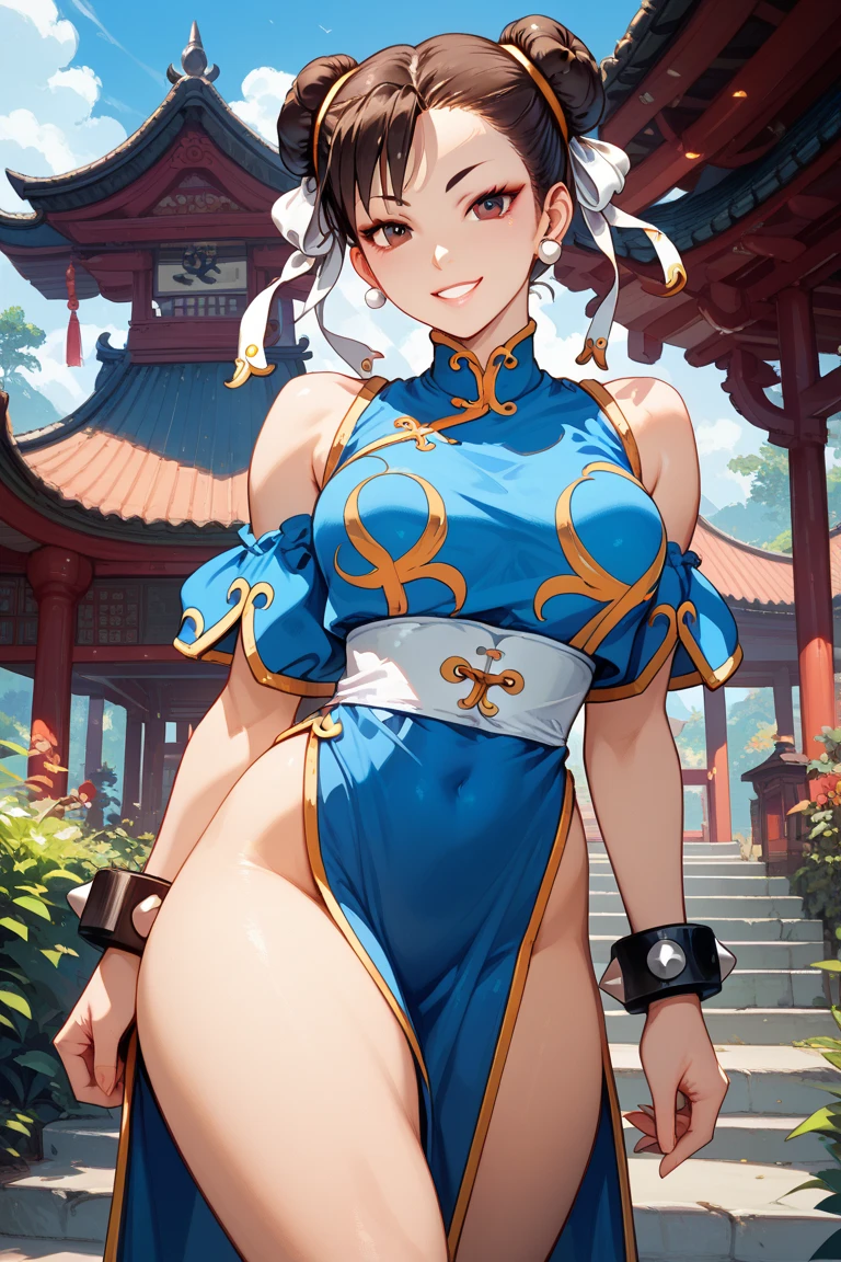 perfect eyes:1.2, detailed eyes:1.4, Chun Li, red eyeshadow:1.2, make up:1.2, white belt, qipao, nature, tree, brown eyes, short hair, brown hair, double bun, bun cover, blue dr.Ess, pelvic curtain, spiked bracelet, girdle, brown pantyhose, cowboy shot, 1 girl, alone, (Masterpiece:1.6, best quality), 8k, crazy detail, intricate detail, hyper detailed, hyper quality, high detail, ultra detailed, professional, HDR, ray traced reflection, cinematic lighting,