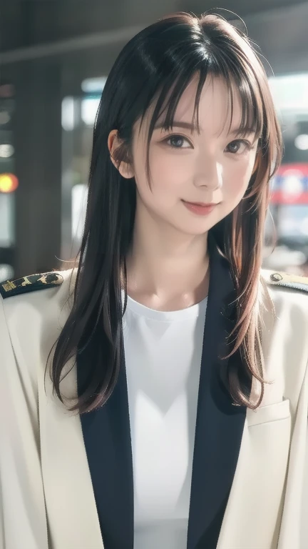 (1 cute Korean star), ((best quality, 8k, masterpiece: 1.3)), focus: 1.2, perfect body beauty: 1.4 , ((air bangs: 1.2)), (night, Street: 1.3), highly detailed face and skin texture, fine eyes, double eyelids, whitened skin, (long hair: 1.3), (round face: 1.5), (uniform: 1.6)