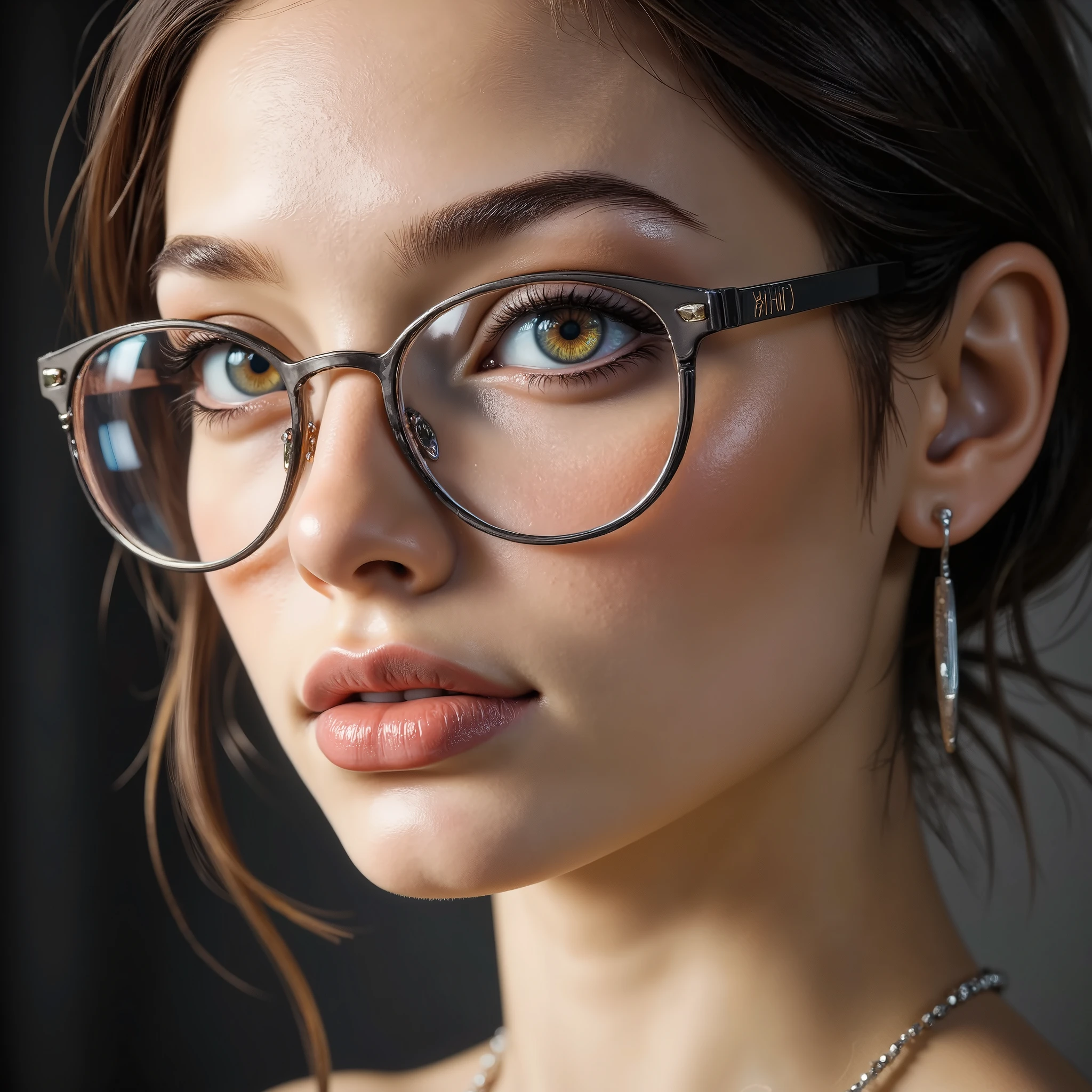 beautiful girl's face in large translucent glasses close-up, reflection in glasses, appetizing, toned woman, full lips in the style of Angelina Jolie , long false eyelashes, eye makeup , rosy lips and cheeks , wears earrings all over her ear, similar to piercings, and a ring inserted into the auricle , textured natural skin, realistic 4k digital art , realistic 4k digital art , tattoo style , cyberpunk style ,chiaroscuro , cinematic lighting , optical illusion , high resolution , ultra-high definition , retina , masterpiece , precise, anatomically correct, textured skin, super detail, high detail, high quality, award-winning,digital art. highest quality photography , High resolution , 1080P , High Definition , 16K
Information