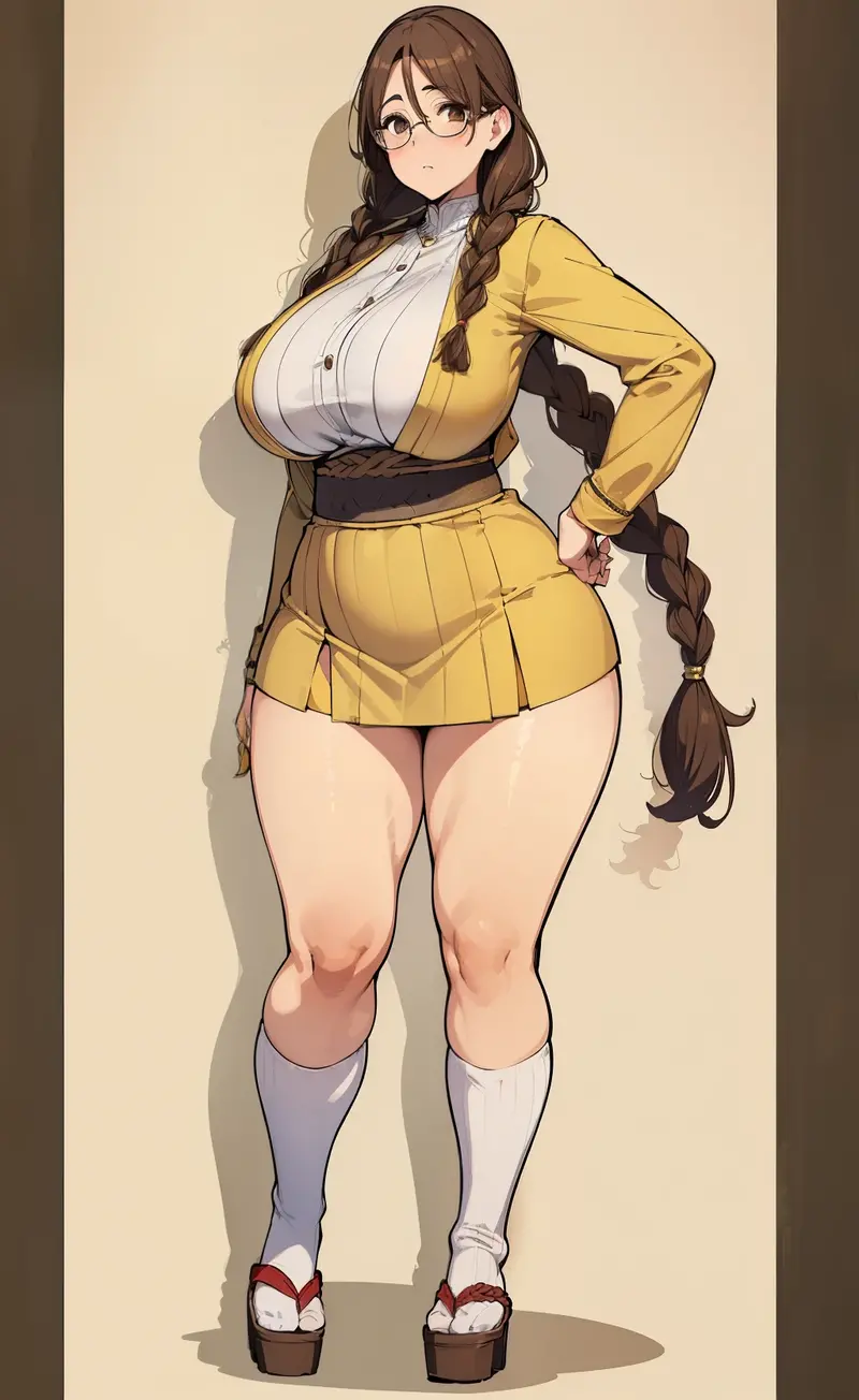 ((Giant saggy tits)),((caderas anchas)),((Chica blanca)),((Long brown hair with braids)),((brown eyes)),((thicc thights)),((gafas)),Thicc MILF,((Ropa de diosa japonesa)),((full body))