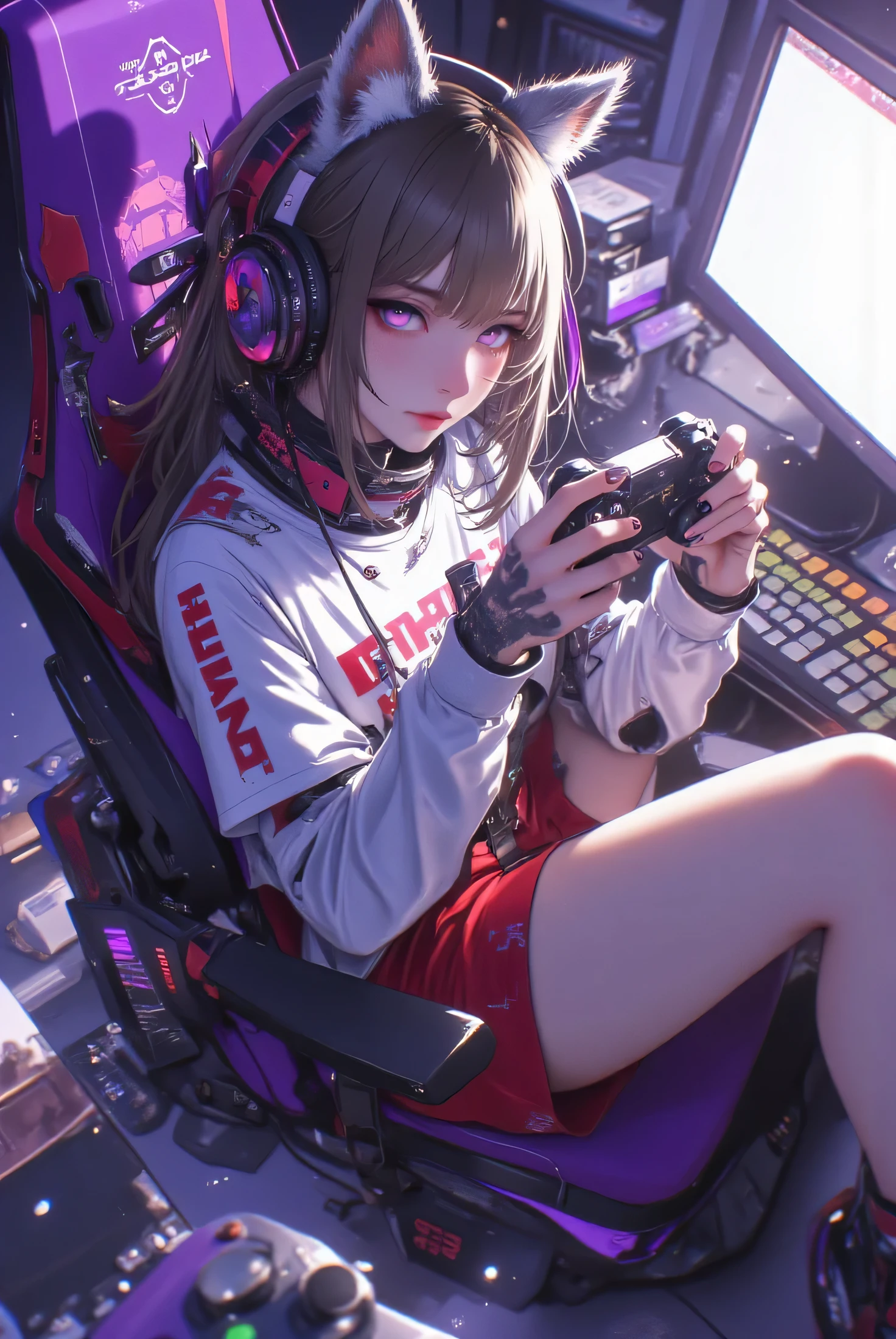 Make a white-skinned furry anime gamer girl, brown hair greenish eyes with purple, body few , com camiseta gamer e shorts  roxo segurando um controle de videogame 🎮 sentada em um cadeira gamer com seu Pc gamer de fundo