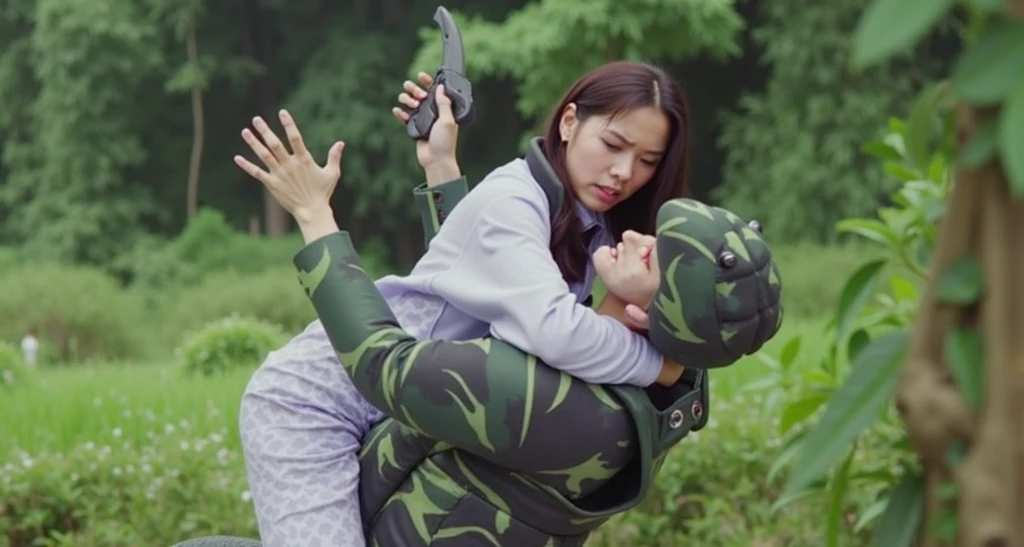 (masterpiece、highest quality、High resolution)、(Skin Details、Facial detailasterpiece、NSFW、(Extremely overweight Japanese woman in camouflage uniform kisses man)、complete nude、Sticking out tongue、Drooling、Looking at the audience、Licking each other、 in the forest