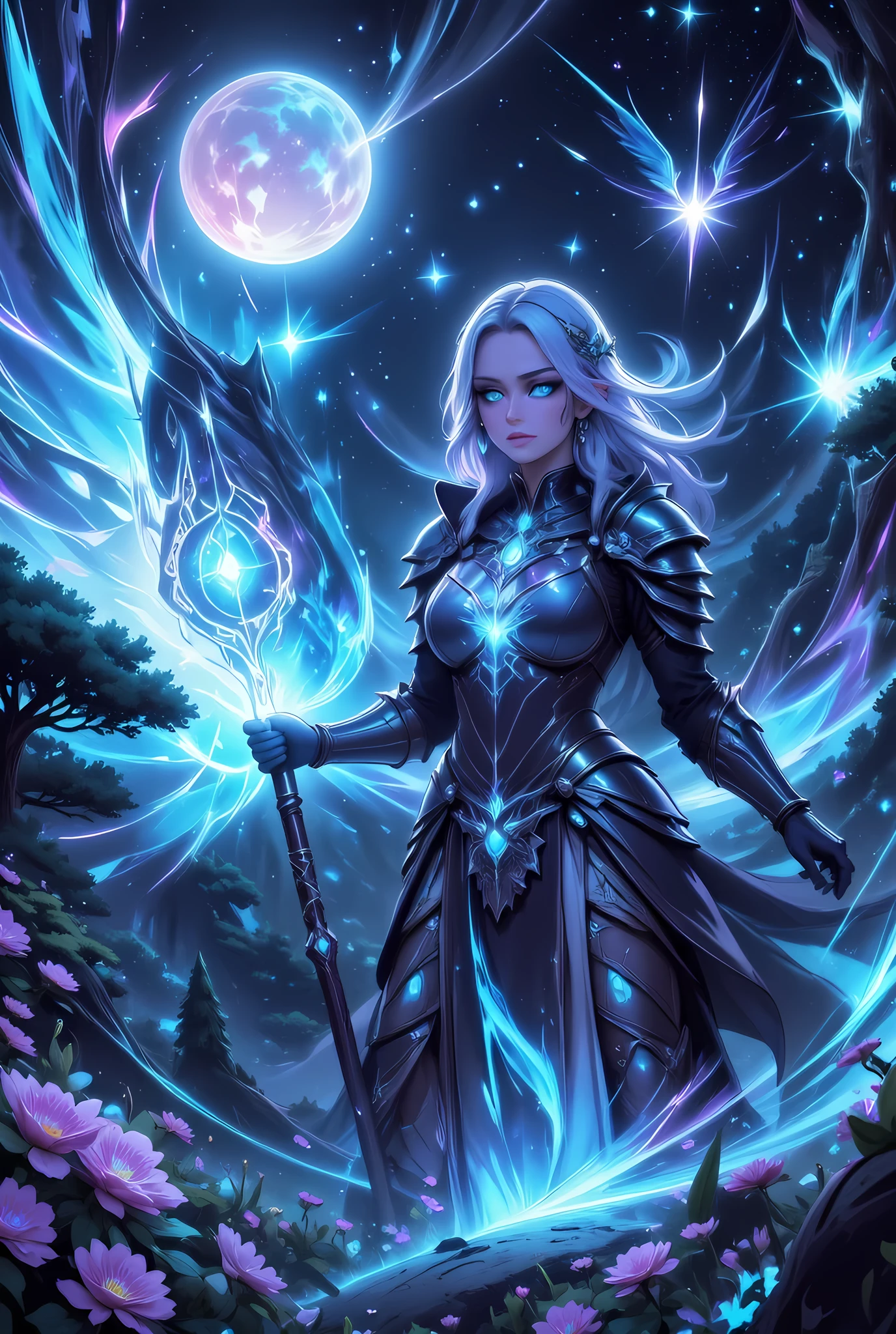 female human druid of the stars, guardian of nature, controlling magical energy made of stars, swirling blue stary magical light, divine symbols high details, dynamic angle, human female, extremally beautiful, ultra feminine, dynamic hair, dynamic hair color, wearing leather armor , holding a staff, moon light, stars, dynamic natural background, invert color, RPG art, magical atmosphere magic-fantasy-forest, dnd art, rpg art ultra best realistic, best details, best quality, 16k, masterpiece, best quality, (extremely detailed), photorealism, depth of field, hyper realistic painting, ultra wide shot, , realistic art  , invert color, Celestial Fantasy, w1n