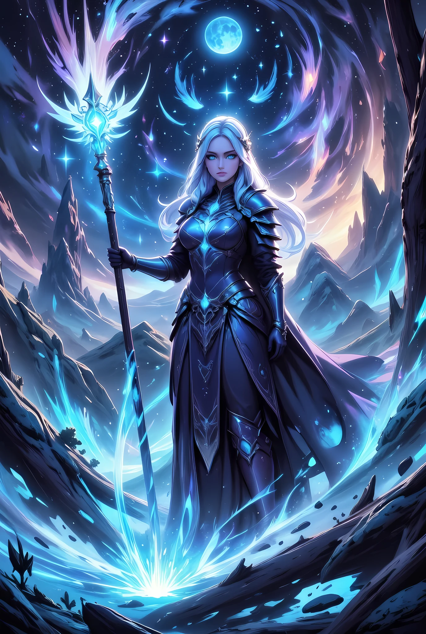 female human druid of the stars, guardian of nature, controlling magical energy made of stars, swirling blue stary magical light, divine symbols high details, dynamic angle, human female, extremally beautiful, ultra feminine, dynamic hair, dynamic hair color, wearing leather armor , holding a staff, moon light, stars, dynamic natural background, invert color, RPG art, magical atmosphere magic-fantasy-forest, dnd art, rpg art ultra best realistic, best details, best quality, 16k, masterpiece, best quality, (extremely detailed), photorealism, depth of field, hyper realistic painting, ultra wide shot, , realistic art  , invert color, Celestial Fantasy, w1n