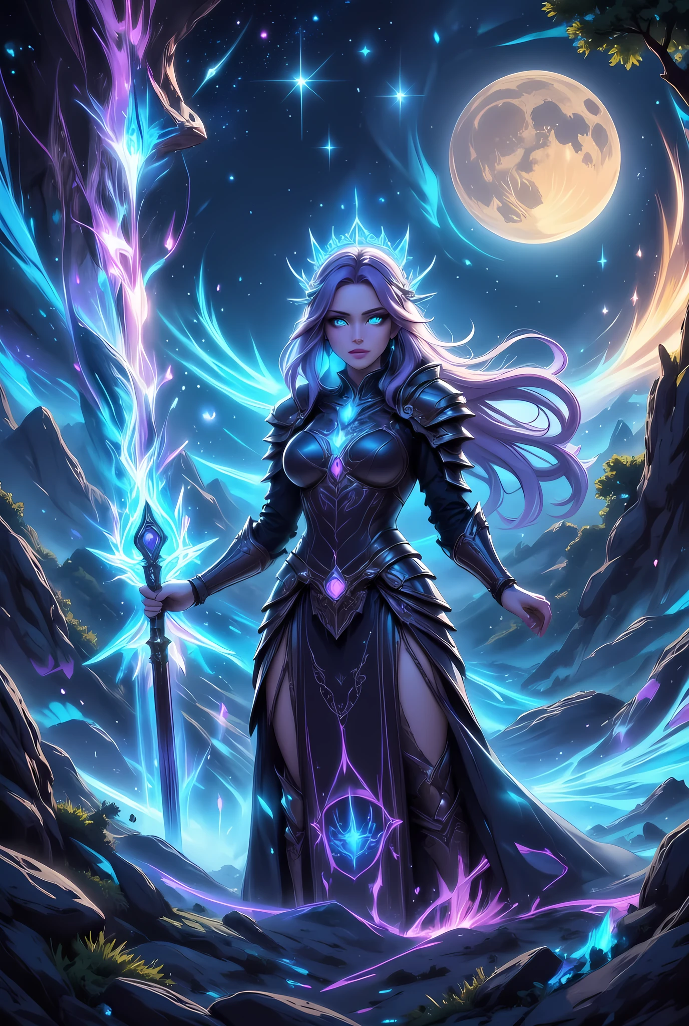 female human druid of the stars, guardian of nature, controlling magical energy made of stars, swirling blue stary magical light, divine symbols high details, dynamic angle, human female, extremally beautiful, ultra feminine, dynamic hair, dynamic hair color, wearing leather armor , holding a staff, moon light, stars, dynamic natural background, invert color, RPG art, magical atmosphere magic-fantasy-forest, dnd art, rpg art ultra best realistic, best details, best quality, 16k, masterpiece, best quality, (extremely detailed), photorealism, depth of field, hyper realistic painting, ultra wide shot, , realistic art , invert color, Celestial Fantasy, w1n