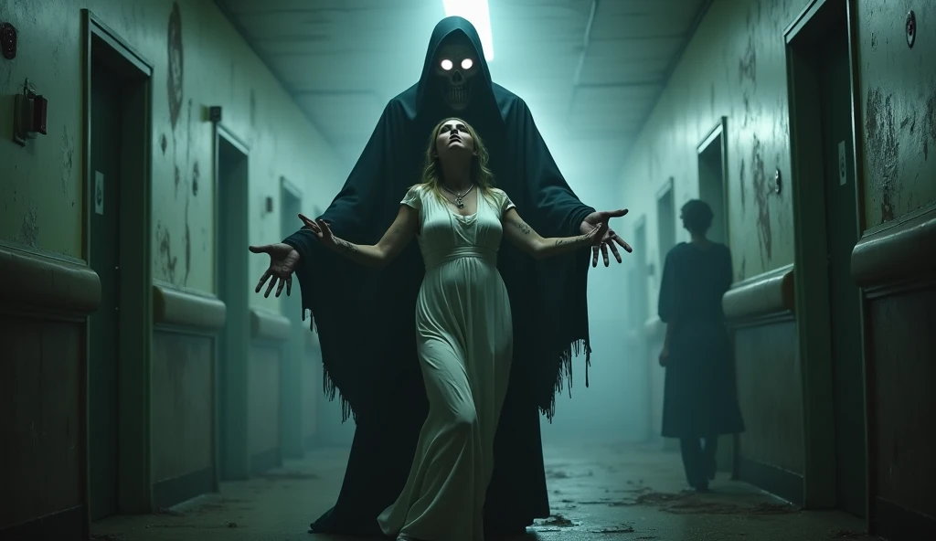 Insanely ill laughing blond woman with cigarette in mouth and sunglasses, lays out tarot cards and sees her transparent ghost with a plague doctor. Mask