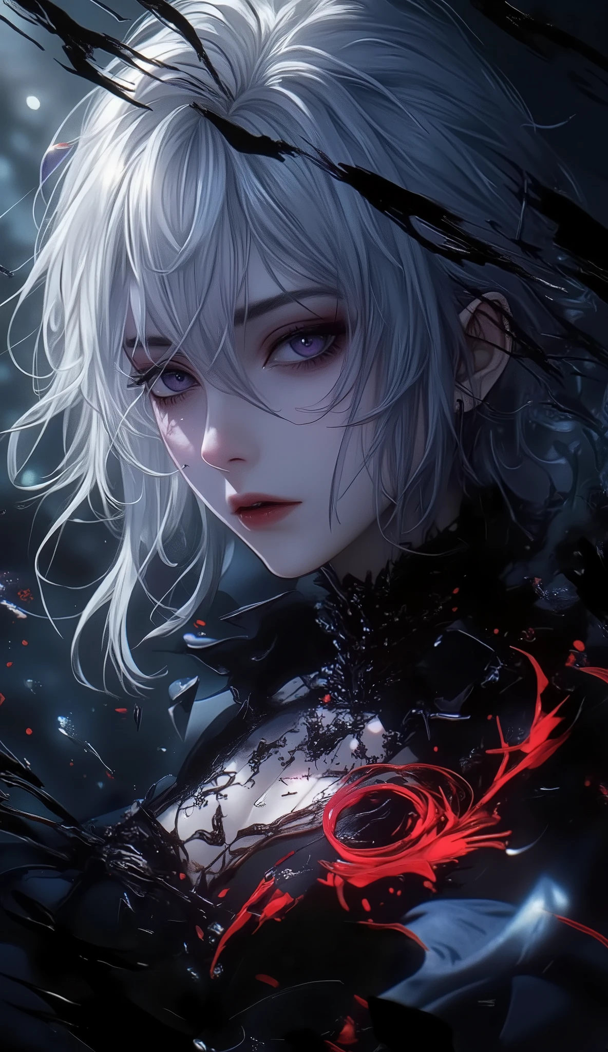 (masterpiece, best quality, ultra-detailed, best shadow), (detailed background,dark fantasy), (beautiful detailed face), high contrast, (best illumination, an extremely delicate and beautiful), ((cinematic light)), colorful, hyper detail, dramatic light, intricate details, (1girl, solo,white hair, sharp face,purple eyes, hair between eyes,dynamic angle), blood splatter, swirling black light around the character, depth of field,black light particles,(broken glass),magic circle,