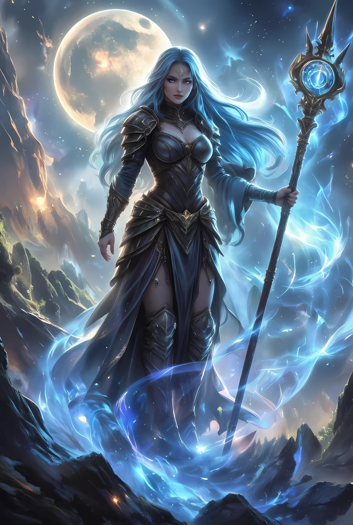 female human druid of the stars, guardian of nature, controlling magical energy made of stars, swirling blue stary magical light, divine symbols high details, dynamic angle, human female, extremally beautiful, ultra feminine, dynamic hair, dynamic hair color, wearing leather armor , holding a staff, moon light, stars, dynamic natural background, RPG art, magical atmosphere magic-fantasy-forest, dnd art, rpg art ultra best realistic, best details, best quality, 16k, masterpiece, best quality, (extremely detailed), photorealism, depth of field, hyper realistic painting, ultra wide shot, , realistic art , invert color, Celestial Fantasy