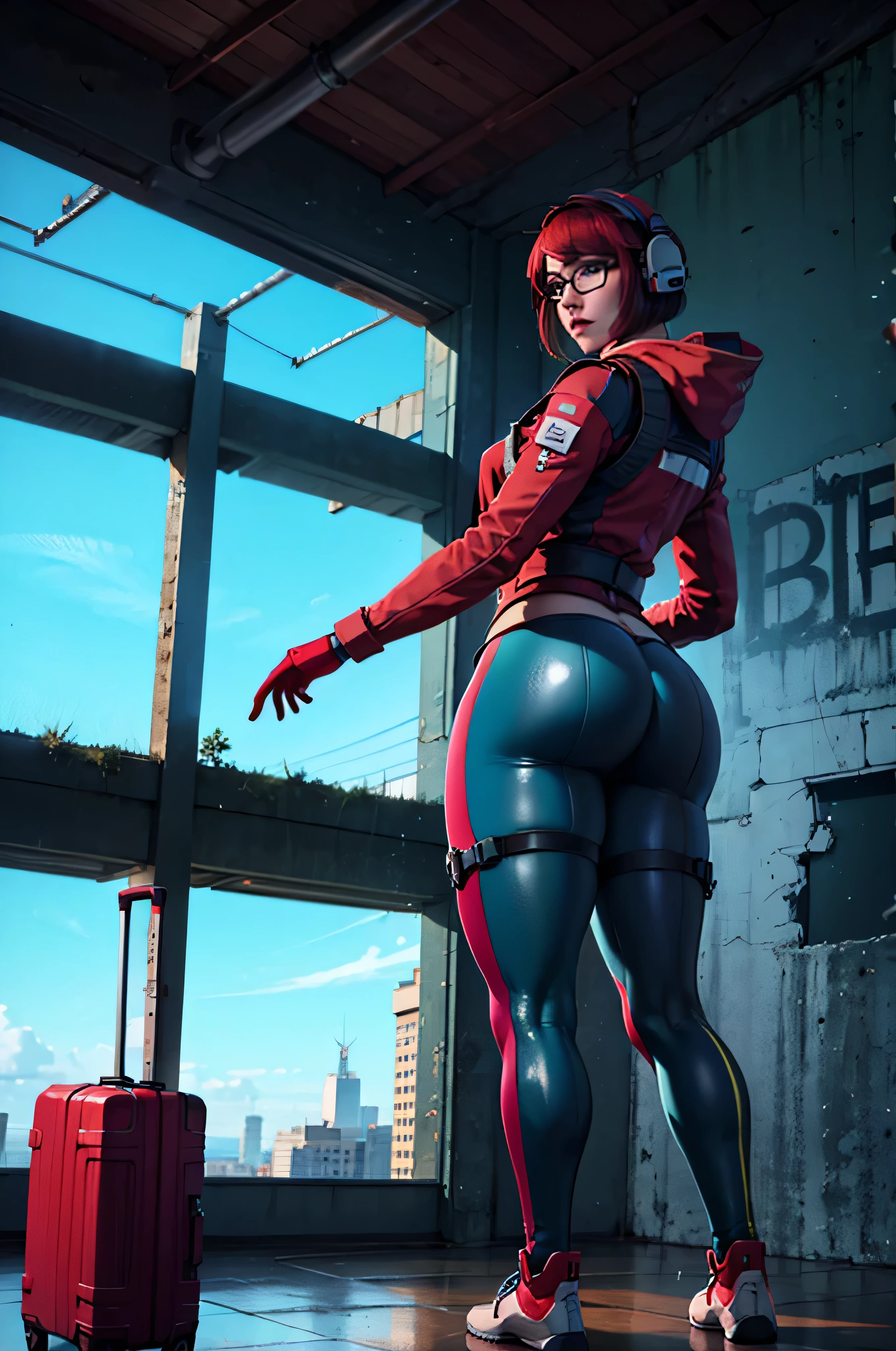 8K image has (Rainbow Six Siege), disguising, Alone, red hair, suitcase ظهر, shoes, has , glasses, glasses, red pants , looks at the viewer, jacket, hoodie blouse , suitcase, short hair , Headphones, blue eyes , red jacket, gloves, suitcase الخصر, hood down , thigh suitcase الخصر, wireless antenna, Military, Headphones, Red pants, ((full body)), piercing eyes, looks at the viewer, dynamic posture, (( thighs )), (big : 1.0), looking back, ( huge ass : 1.4), best quality, (Realistic: 1.2), looks at the viewer,. The film's grains, construction site scene, building site background, ruins, low angle , Dark scene , Edge Lighting , two-color lighting, dimly lit, Low-level HDR,